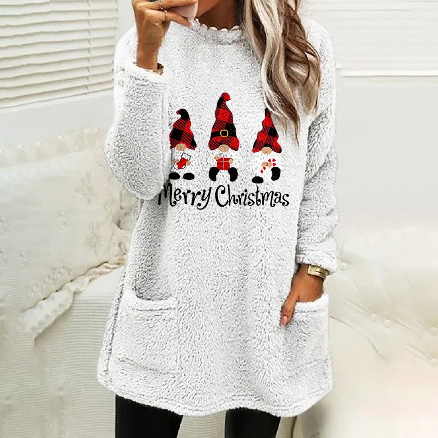 Christmas Letter Printing Round Neck Loose Long Sleeves Pocket Fleece Sweatshirt