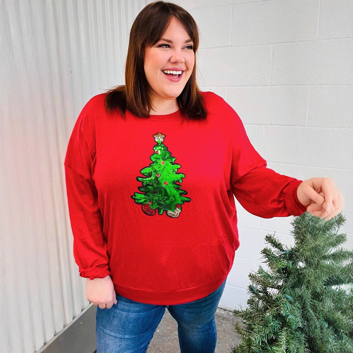 European And American Christmas Tree Festival Sequins Casual Loose Sweatshirt Women