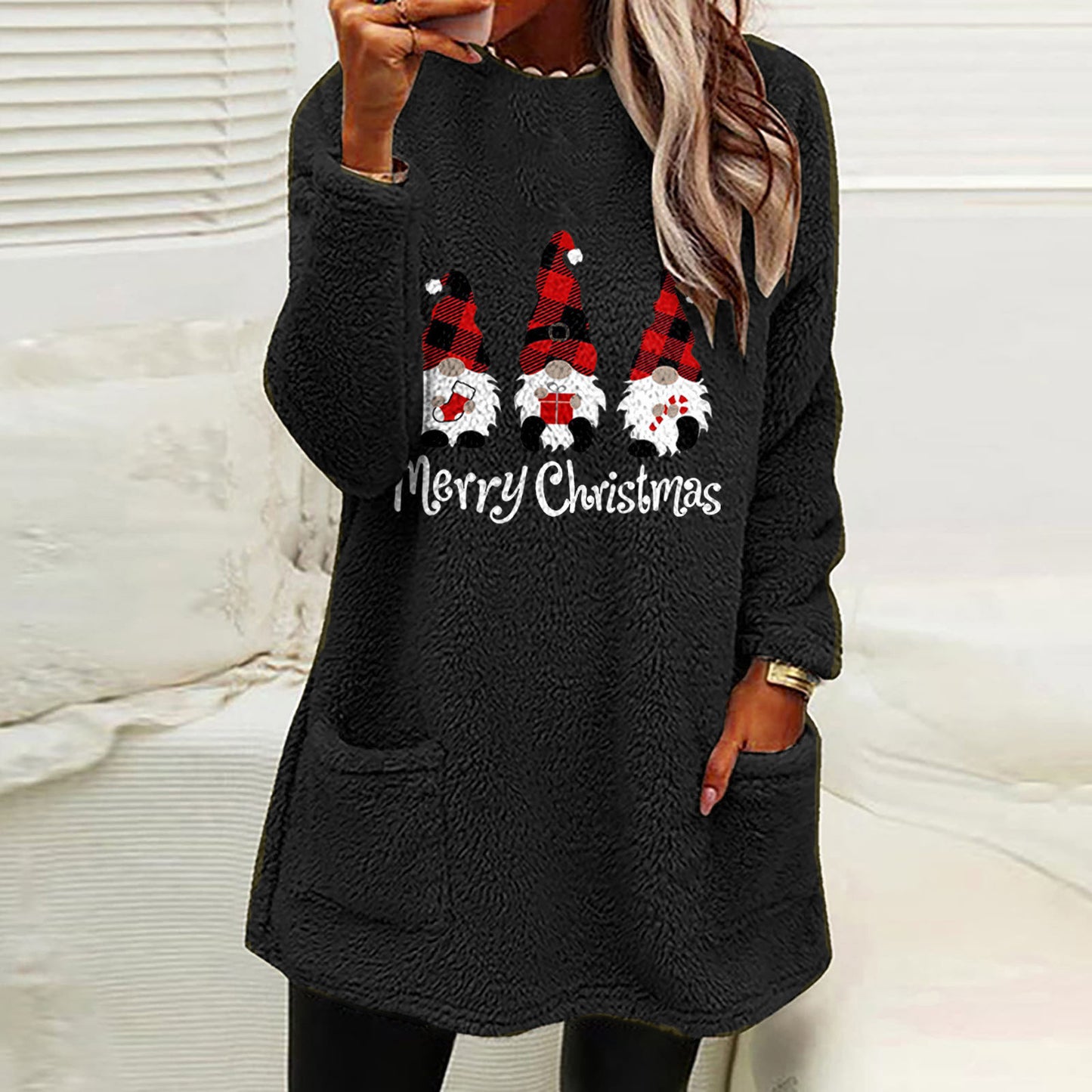 Christmas Letter Printing Round Neck Loose Long Sleeves Pocket Fleece Sweatshirt